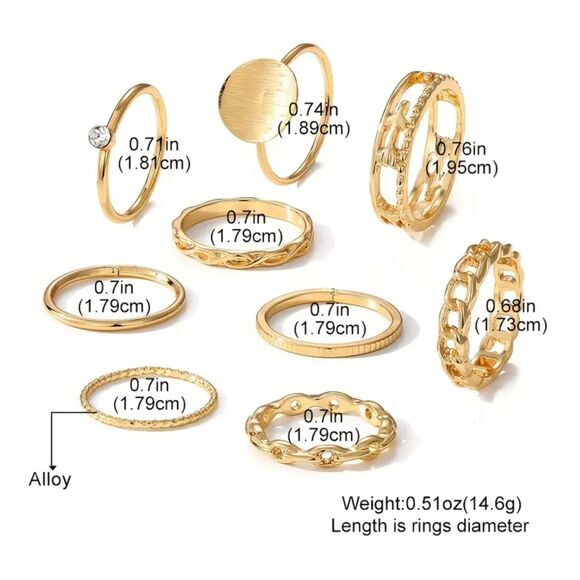 Y2K Retro Punk Geometric Circular Ring Chain 8pc Ring Set, NEW - Picture 2 of 10